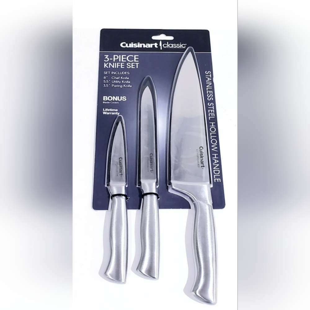 Cuisinart Classic 3-Piece Stainless Steel Knife Set w/Blade Covers hollow handle